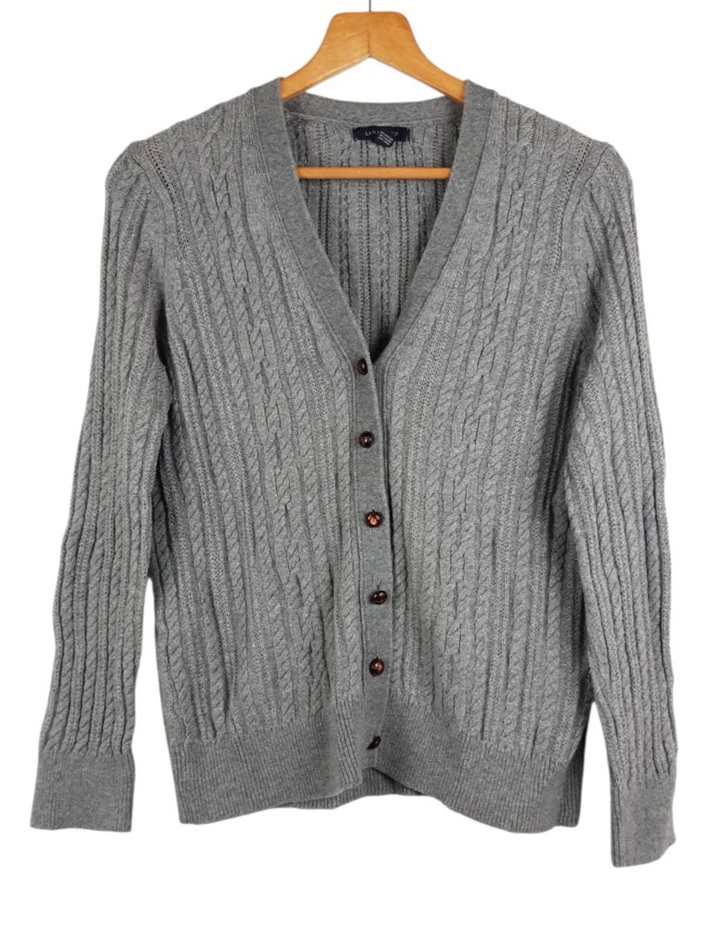 Lands' End Grey V Neck Cable Knit Cardigan Long Sleeve Wood Button Size Medium
